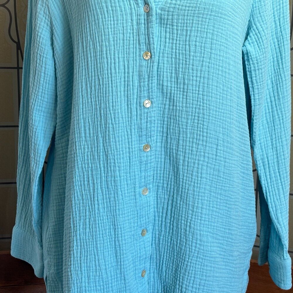 Soft Surroundings Escambia Gauze Blouse Top Blue Teal Button Up Size L - Picture 10 of 14